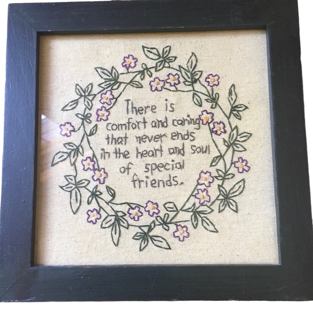 Hand Stitched Stitchery Framed “Friends” Wall Hanging by Lisa Johnson